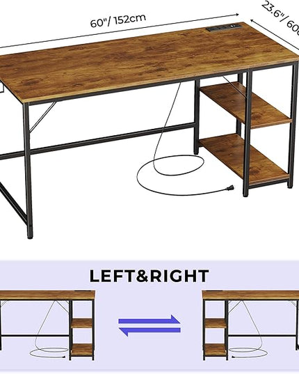 JOISCOPE 60 x 24 Inch Gaming Computer Desk with Table Power Outlets,Home Office Desk with Storage Shelves and USB & Type-C Outlet for Bedroom,Home Office,Morden Simple Writing Table,Vintage Oak Finish - LeafyLoom