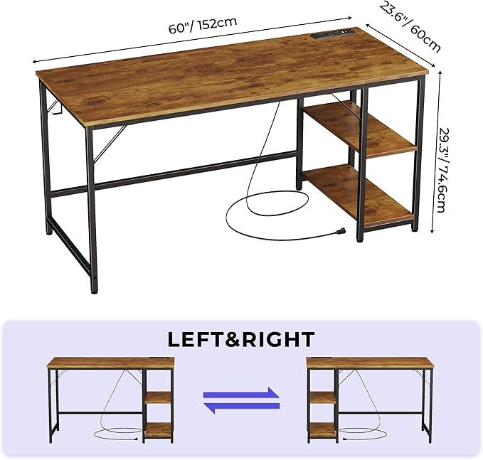 JOISCOPE 60 x 24 Inch Gaming Computer Desk with Table Power Outlets,Home Office Desk with Storage Shelves and USB & Type-C Outlet for Bedroom,Home Office,Morden Simple Writing Table,Vintage Oak Finish - LeafyLoom