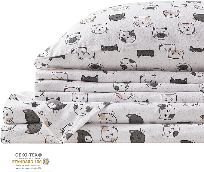 Comfort Spaces Cotton Flannel Breathable Warm Deep Pocket Sheets with Pillow Case Bedding, Twin, Grey/Pink Cats, 3 Piece - LeafyLoom