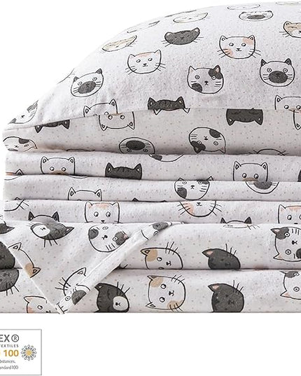 Comfort Spaces Cotton Flannel Breathable Warm, Deep Pocket Sheets with Pillow Case Bedding, Queen, Grey/Pink Cats 4 Piece - LeafyLoom