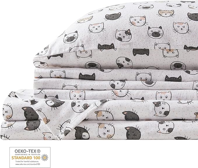 Comfort Spaces Cotton Flannel Breathable Warm, Deep Pocket Sheets with Pillow Case Bedding, Queen, Grey/Pink Cats 4 Piece - LeafyLoom