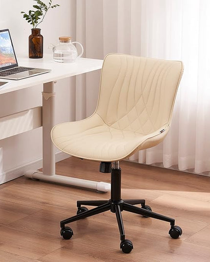 YOUNIKE Office Chair, Armless Desk Chair with Wheels, Home Office Computer Task Chairs, Modern Faux Leather Padded Vanity Chair, Adjustable Swivel Rocking Office Chair with Back, Beige - LeafyLoom