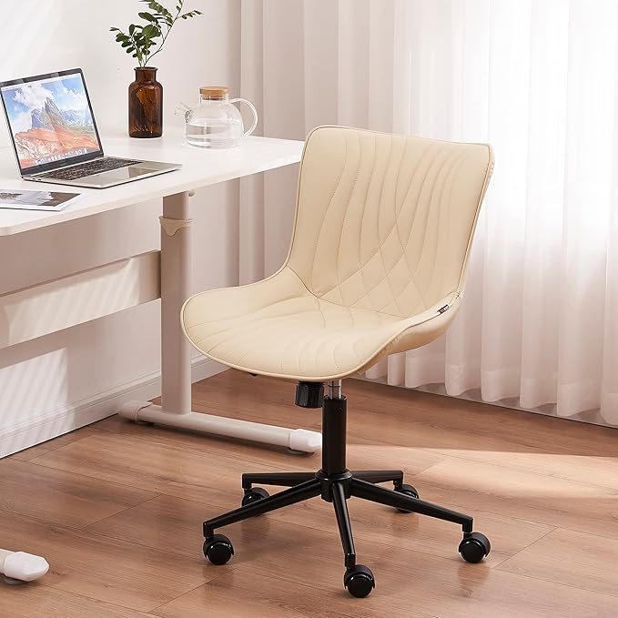 YOUNIKE Office Chair, Armless Desk Chair with Wheels, Home Office Computer Task Chairs, Modern Faux Leather Padded Vanity Chair, Adjustable Swivel Rocking Office Chair with Back, Beige - LeafyLoom