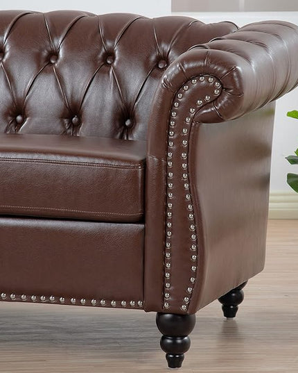 3-Seaters Living Room Clasic Chesterfield Sofa Couch Button Tufted PU Leather Upholstered Sofa&Couch with Luxury Roller Armrest Soild Wood Legs Movable Cushions & Nailhead Decor - LeafyLoom