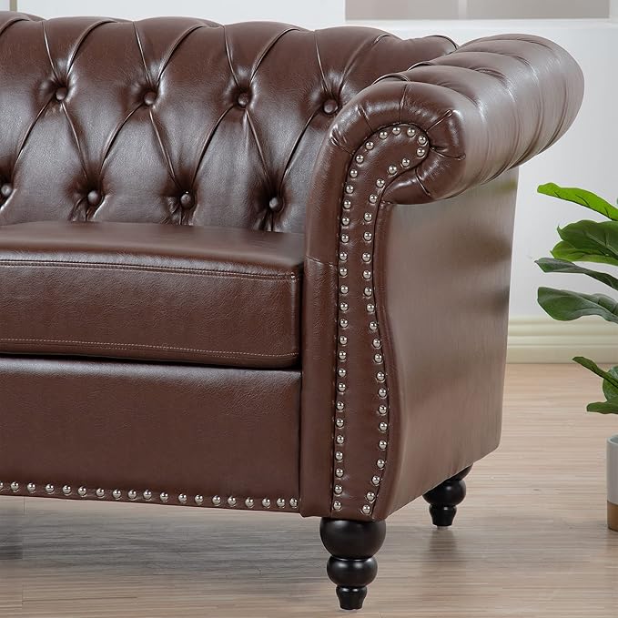 3-Seaters Living Room Clasic Chesterfield Sofa Couch Button Tufted PU Leather Upholstered Sofa&Couch with Luxury Roller Armrest Soild Wood Legs Movable Cushions & Nailhead Decor - LeafyLoom