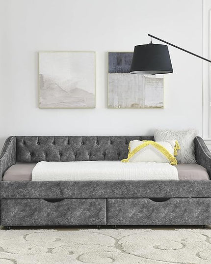 Twin Size Upholstered Daybed with Two Storage Trundle Drawers, Wooden Sofa Bed w/Button Tufted Backrest and Waved Shape Arms, No Box Spring Needed, for Living Room, Bedroom, Dorm, Grey - LeafyLoom