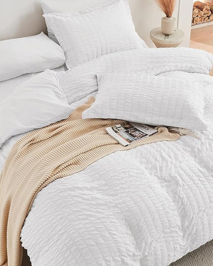 HYMOKEGE Seersucker Queen Comforter Set 3 Pieces, Lightweight Comforter Sets for Bedding, Bed Set with 1 All Season Soft Down Alternative Comforter and 2 Pillow Shams, White - LeafyLoom