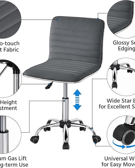 Yaheetech Velvet Low Back Chair Armless Ribbed Office Chair Swivel Task Chair Height Adjustable Chair Dark Gray - LeafyLoom