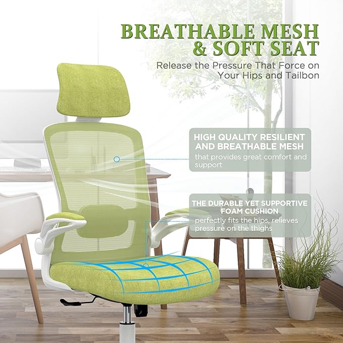 Mimoglad Office Chair, High Back Ergonomic Desk Chair with Adjustable Lumbar Support and Headrest, Swivel Task Chair with flip-up Armrests for Guitar Playing, 5 Years Warranty - LeafyLoom