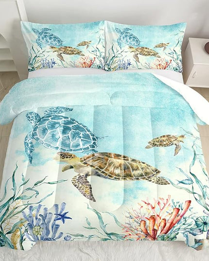 CVHOUSE Ocean Watercolor Sea Turtle Comforter Set, Queen Size, 1 Comforter, 2 Pillowcases, Polyester, for Adult, Teen, Kid, Modern Style, Unisex, Winter, Fall, Spring, Machine Wash - LeafyLoom