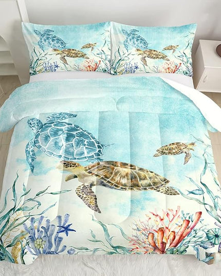 CVHOUSE Sea Turtle Comforter Set,Ocean Watercolor Sea Turtle Bedding Set for Kids Teens,Ocean Sea Turtle Comforter Sea Turtle Duvet Set Room Decor Quilt Set Full Size - LeafyLoom