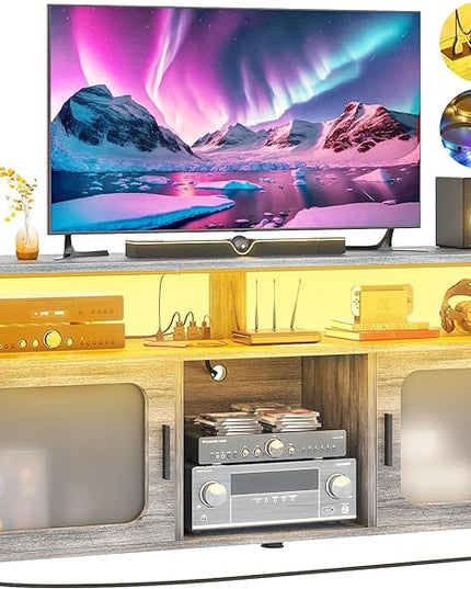 Aheaplus TV Stand for 55 60 Inch TV, Entertainment Center with LED Light & Charging Station, TV Console Table, Large Media Console Cabinet w/Soundbar Shelf, for Living Room, Bedroom, White Oak - LeafyLoom