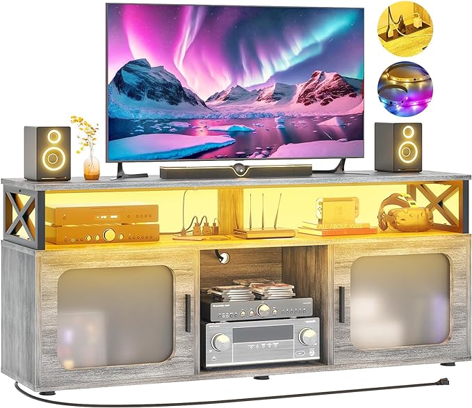 Aheaplus TV Stand for 55 60 Inch TV, Entertainment Center with LED Light & Charging Station, TV Console Table, Large Media Console Cabinet w/Soundbar Shelf, for Living Room, Bedroom, White Oak - LeafyLoom
