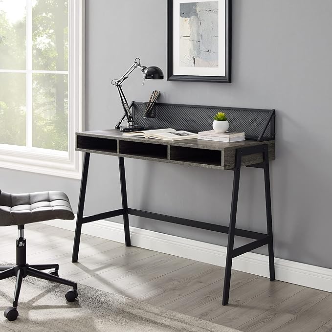 Walker Edison Jones Urban Industrial Metal Mesh Back Writing Desk, 42 Inch, Cerused Ash Grey - LeafyLoom