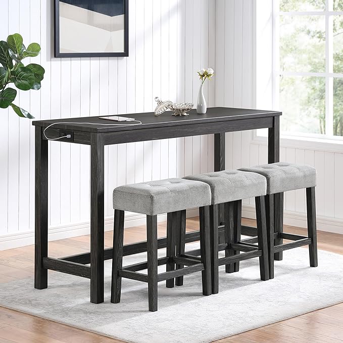 ManyStars Power 3 Upholstered Stools, Industrial Breakfast Dining, Living, Play Room,Black+ Gray, 4-Piece Bar Table Set with Outlet - LeafyLoom