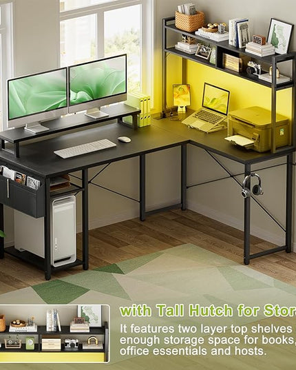Small L Shaped Desk Gaming Desk with Power Outlets, 48" Reversible L Shaped LED Computer Desk with Monitor Stand & Storage Shelf, Corner Gamer Desk Home Office Desk with Storage Bag, Black - LeafyLoom