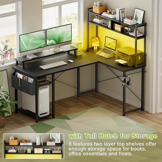 Small L Shaped Desk Gaming Desk with Power Outlets, 48" Reversible L Shaped LED Computer Desk with Monitor Stand & Storage Shelf, Corner Gamer Desk Home Office Desk with Storage Bag, Black - LeafyLoom