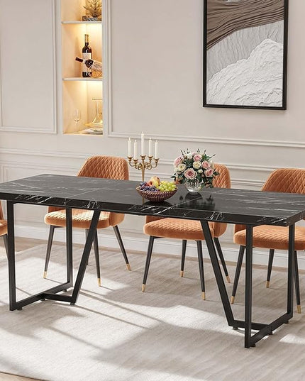 DWVO 82.6'' Large Modern Dining Table for 8-10 People, Rectangular Black Kitchen Dining Room Table with Faux Marble Tabletop and Geometric Metal Legs, Wood Dinner Tables for Family Gathering - LeafyLoom