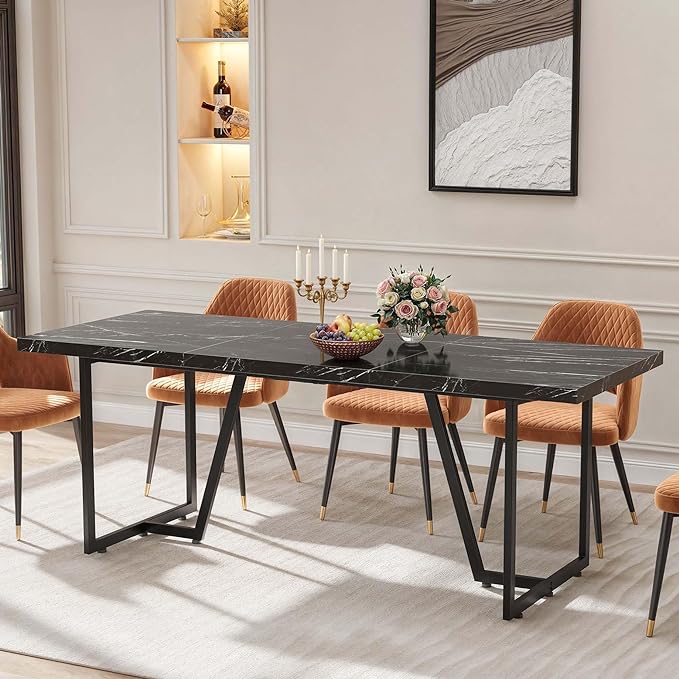 DWVO 82.6'' Large Modern Dining Table for 8-10 People, Rectangular Black Kitchen Dining Room Table with Faux Marble Tabletop and Geometric Metal Legs, Wood Dinner Tables for Family Gathering - LeafyLoom