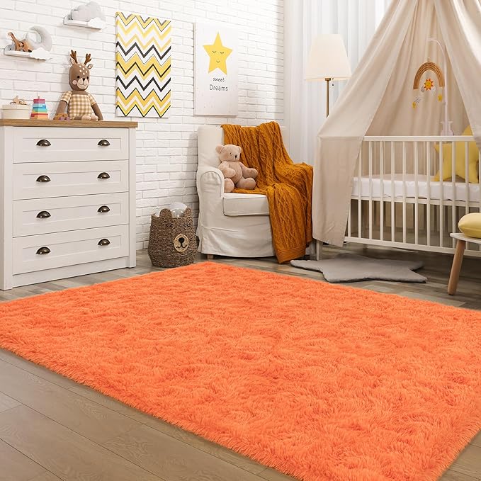Softlife Area Rug for Bedroom, 4x6 Feet Plush Fluffy Rug for Living Room, Orange Shag Rug for Aesthetic Room Decor, Ultra Soft Modern Fuzzy Faux Fur Carpet for Kids Nursery Room Dorm - LeafyLoom