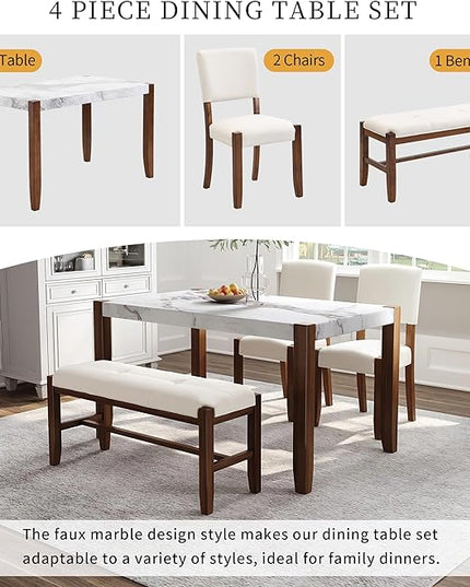 NicBex Dining Table Set for 4 Kitchen Table Set Modern 46" Faux Marble Style Table and 2 Upholstered Chairs & Bench with Wood Legs for Kitchen, Space-Saving, Off White - LeafyLoom