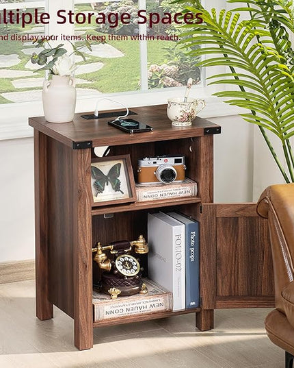 Night Stand Set of 2, 18 Inch Farmhouse Nightstand with with Charging Station and USB Port, Rustic Wood Bedside Table with Magnetic Door, Bed Side Tables for Bedroom, Brown Walnut - LeafyLoom