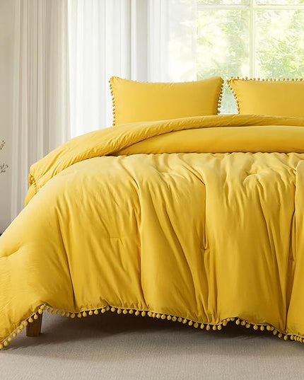 Litanika Queen Size Comforter Set Mustard Yellow,3 Pieces Mustard Yellow Boho Pom Pom Lightweight Bed Comforter, All Season Soft Bedding Comforter Sets (1 Comforter 90x90 Inch, 2 Pillowcases) - LeafyLoom