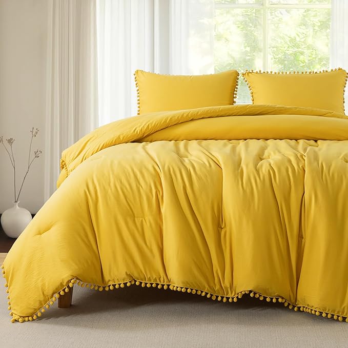 Litanika Comforter Full Size Set Mustard Yellow,3 Pieces Mustard Yellow Boho Pom Pom Lightweight Bed Comforter Full,All Season Soft Bedding Comforter Sets (1 Comforter 79x90 Inch, 2 Pillowcases) - LeafyLoom