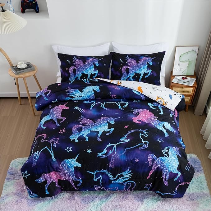 Meeting Story Dinosaur Comforter Set, Fluorescence Gradation Unicorn Twin Comforter Set, 3 PCS 1 Comforter and 2 Pillowcases in One Bag, All Season Bedspread for Kids Teens Adults（Twin） - LeafyLoom
