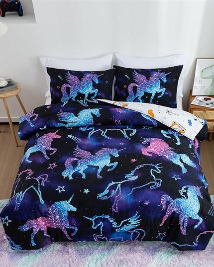 Meeting Story Dinosaur Comforter Set, Fluorescence Gradation Unicorn Twin Comforter Set, 3 PCS 1 Comforter and 2 Pillowcases in One Bag, All Season Bedspread for Kids Teens Adults（Full） - LeafyLoom
