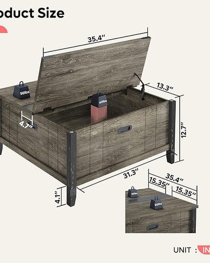 Bestier Farmhouse Coffee Table, Square Wood Center Table with Large Hidden Storage Compartment for Living Room, Rustic Cocktail Table with Hinged Lift Top for Home, Grey - LeafyLoom