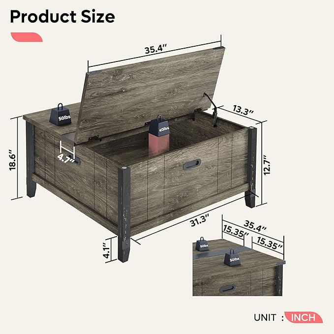 Bestier Farmhouse Coffee Table, Square Wood Center Table with Large Hidden Storage Compartment for Living Room, Rustic Cocktail Table with Hinged Lift Top for Home, Grey - LeafyLoom