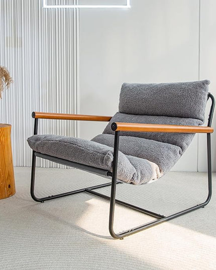 MAXYOYO Sherpa Accent Chair, Boucle Arm Chair Living Room Chair, Reading Accent Chair, Mid Century Modern Bedroom Chair,Teddy Armchair Wooden Arms Metal Frame - LeafyLoom