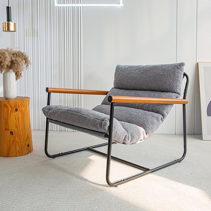 MAXYOYO Sherpa Accent Chair, Boucle Arm Chair Living Room Chair, Reading Accent Chair, Mid Century Modern Bedroom Chair,Teddy Armchair Wooden Arms Metal Frame - LeafyLoom