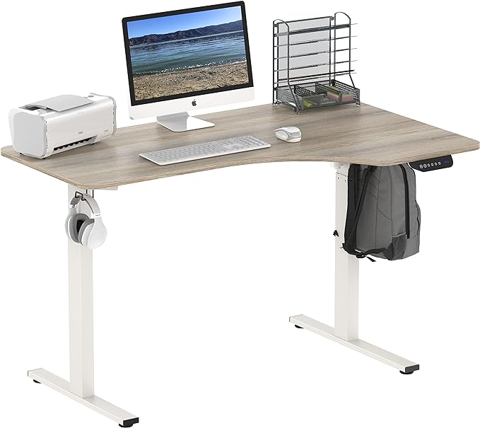 SHW 55-Inch Large Electric Height Adjustable L-Shaped Standing Desk with Right Facing Corner, Oak - LeafyLoom