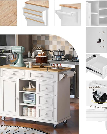 Kitchen Island with Storage on Wheels, Kitchen Island Cart w/Storage Cabinets and 5 Drawers, 2 Adjustable Shelf, Wood Countertop& Spice Rack for Dinning Room, Coffee Bar, - LeafyLoom