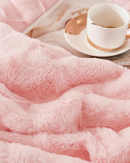 Andency Pink Fleece Comforter Set Queen Size, 3 Pieces Plush Shaggy Faux Fur Bed Comforter Set for Queen Bed, Fuzzy Fluffy Warm Bedding Set for Women Girls - LeafyLoom