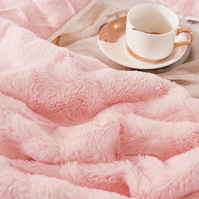 Andency Pink Fleece Comforter Set Full, 3 Pieces Fuzzy Shaggy Plush Sherpa Bedding Comforter Set Women Girls, Solid Fluffy Faux Fur Bed Comforter Set for Winter - LeafyLoom