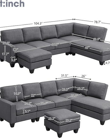 104" L-shaped Sectional Sofa-7 Seater Couch Set with Chaise Lounge and Convertible Ottoman, Comfy Sectional Couches for Living Room,Apartment,Office - LeafyLoom