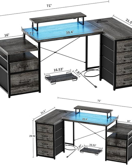 Unikito 70.8" Reversible L Shaped Computer Desk with Fabric File Drawers, Corner Desk with RGB LED Lights & Power Outlets & Monitor Stand, Large Gaming Desk for Home Office Workstation, Black Oak - LeafyLoom