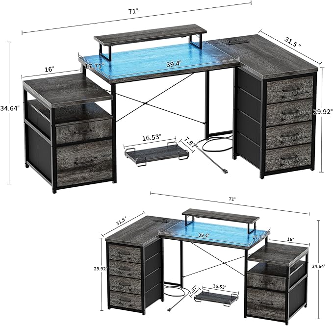 Unikito 70.8" Reversible L Shaped Computer Desk with Fabric File Drawers, Corner Desk with RGB LED Lights & Power Outlets & Monitor Stand, Large Gaming Desk for Home Office Workstation, Black Oak - LeafyLoom