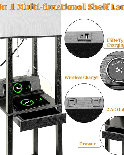 Dott Arts 【Upgraded】 Floor Lamp with Shelves,Shelf Floor Lamps for Living Room with Wireless Charger - LeafyLoom