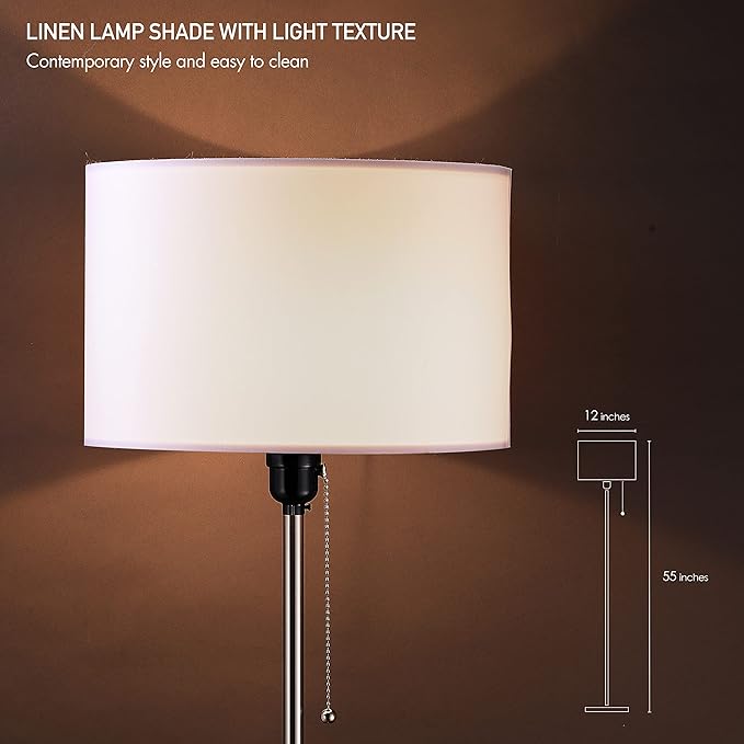 O’Bright Ted - Drum Shade Standing Lamp, Pull Chain Switch, E26 Socket, Modern Minimalist Design, Simple Floor Lamp for Living Room, Bedroom, Office, Brushed Nickel - LeafyLoom