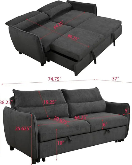 Corduroy Upholstered Convertible Futon Loveseat Sofa Bed, 3 Seater Multi-Functional Reclining Couch Pull Out Sofabed Sofá Cama Para Sala w/Adjustable Backrest, Furniture for Living Room Office - LeafyLoom