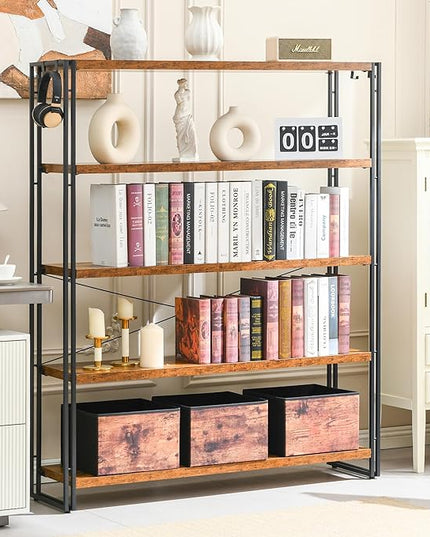 HCHQHS Bookshelf, 5-Tier Industrial Bookcase, Rustic Open Book Shelf, Freestanding Tall Bookshelves with Metal Frame - LeafyLoom