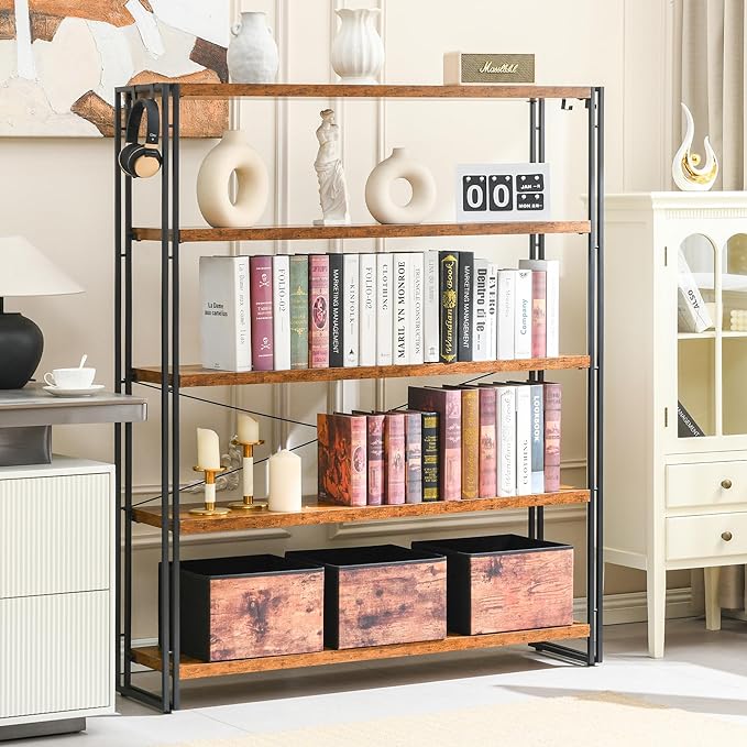 HCHQHS Bookshelf, 5-Tier Industrial Bookcase, Rustic Open Book Shelf, Freestanding Tall Bookshelves with Metal Frame - LeafyLoom