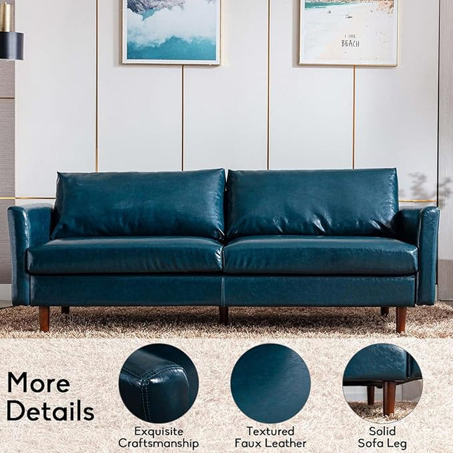 Dreamsir 80'' Faux Leather Sofa Couch, Mid-Century Modern Couch with Solid Wooden Frame & Padded Cushions, 3-Seater Couch for Living Room, Apartment, Lounge Room (Peacock Blue) - LeafyLoom