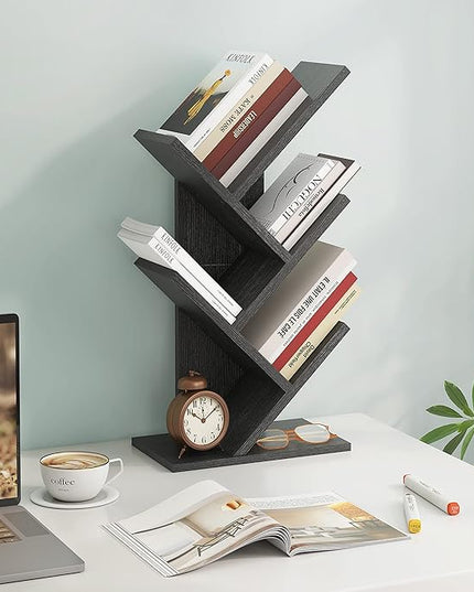 Hoctieon 4 Tier Tree Bookshelf, 4 Shelf Bookcase, Free Standing Tree Bookcase, Display Floor Standing Shelf for Books, Book Organizer Shelves for Home Office, Living Room, Bedroom, Black - LeafyLoom