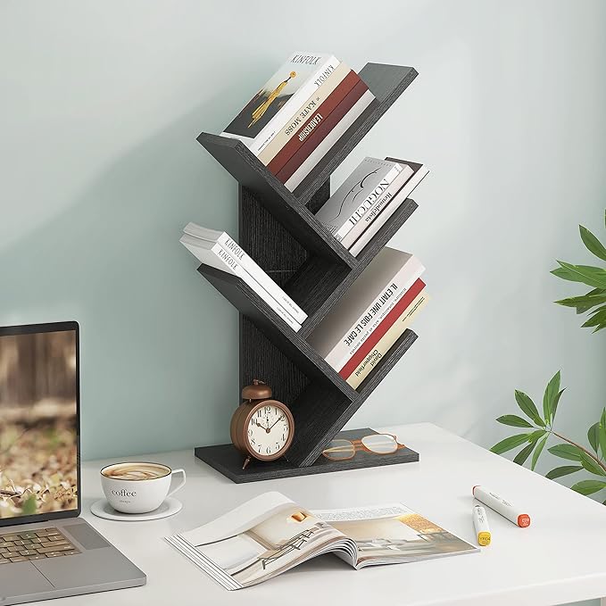 Hoctieon 4 Tier Tree Bookshelf, 4 Shelf Bookcase, Free Standing Tree Bookcase, Display Floor Standing Shelf for Books, Book Organizer Shelves for Home Office, Living Room, Bedroom, Black - LeafyLoom