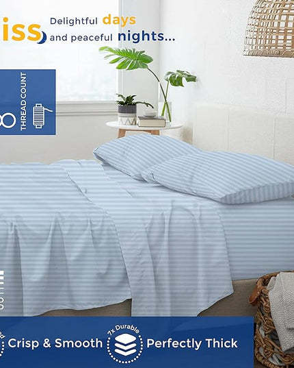 THREAD SPREAD Luxury Egyptian Cotton King Stripe Sheet Set, 600 Thread Count Extra Long Staple 4 PC Set, King Damask Sheets, Soft, Cooling Sateen Weave Sheets Upto 18" Deep Pocket - Light Blue - LeafyLoom